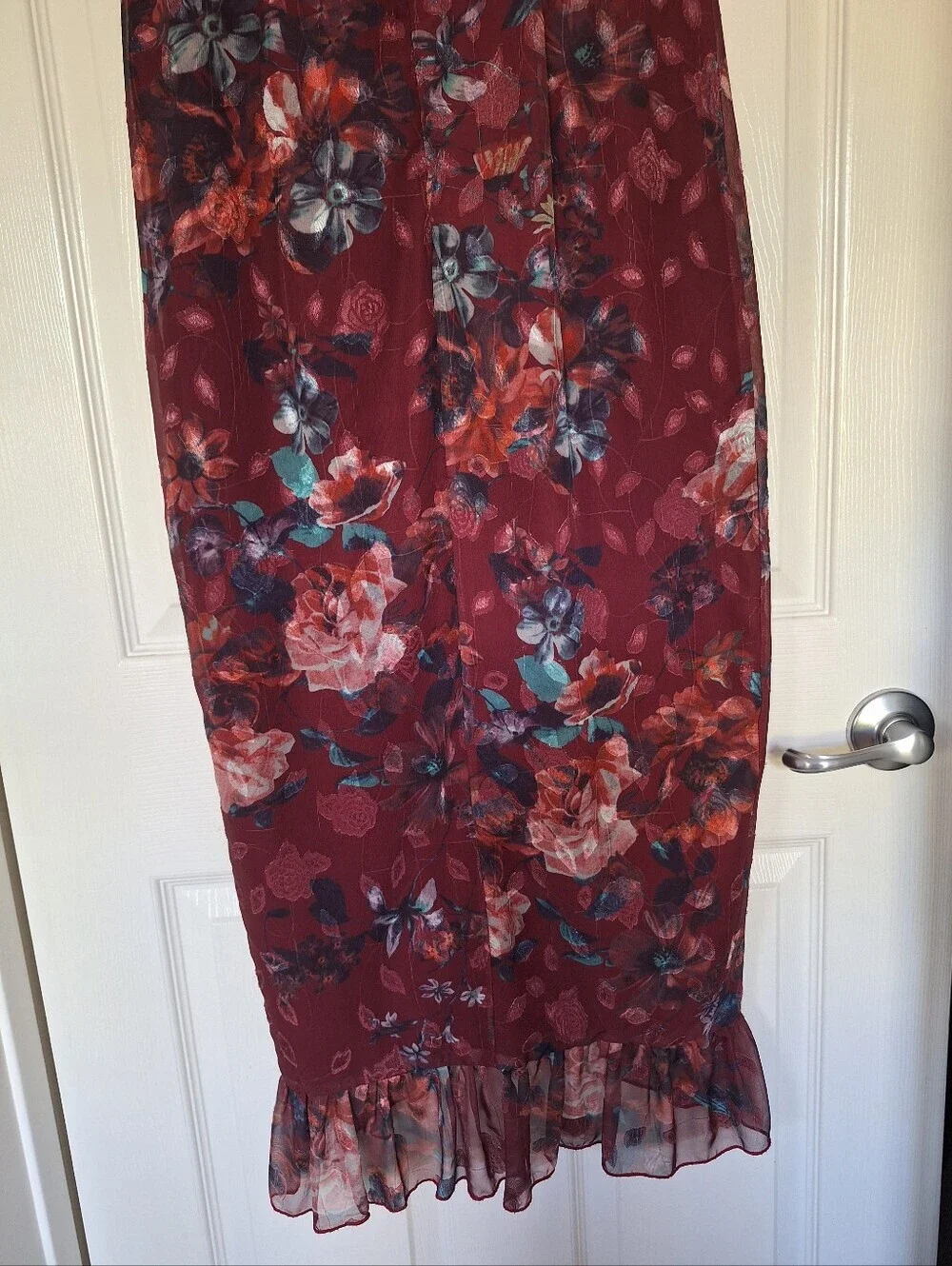 Vone Mireya Floral Ruffle Faux Wrap Midi Dress Burgundy Gold Shimmer US 8